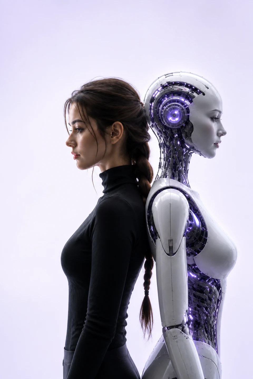 Девушка и робот CyberLady, стоящие спина к спине